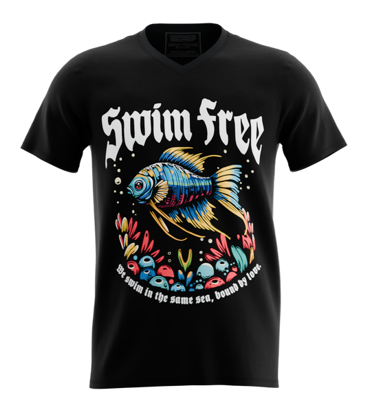 89stars | Мъжка V-neck тениска ’Swim Free’ – Освободи духа си в океана на свободата! - Черно / S / Лице - Мъжки v-neck