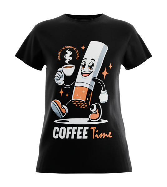 89stars | Дамска Regular тениска ’Coffee Time’ – Сутрешно настроение с щипка забавление! - Черно / XS / Лице - Дамски regular