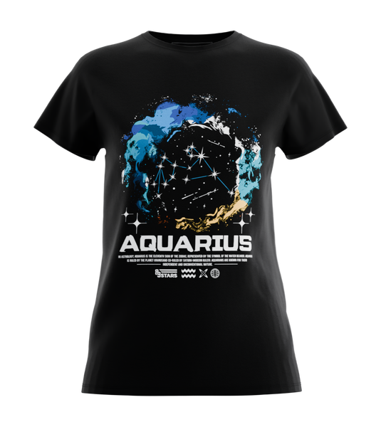 89stars | Дамска Regular тениска ’Aquarius’ – Изрази своята зодиакална енергия! - Черно / XS / Лице - Дамски regular
