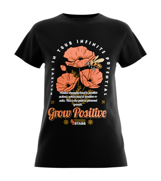 89stars | Дамска Regular тениска ’Grow Positive’ – Нека усмивката ти разцъфти! - Черно / XS / Лице - Дамски regular