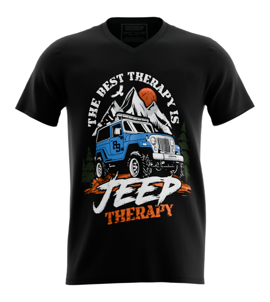 89stars | Мъжка V-neck тениска ’Jeep Therapy’ – Терапията от която се нуждаеш! - Черно / S / Лице - Мъжки v-neck