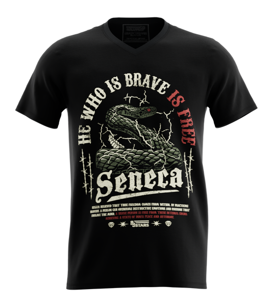 89stars | Мъжка V-neck тениска ’Seneca’ – Свободата е в смелостта! - Черно / S / Лице - Мъжки v-neck