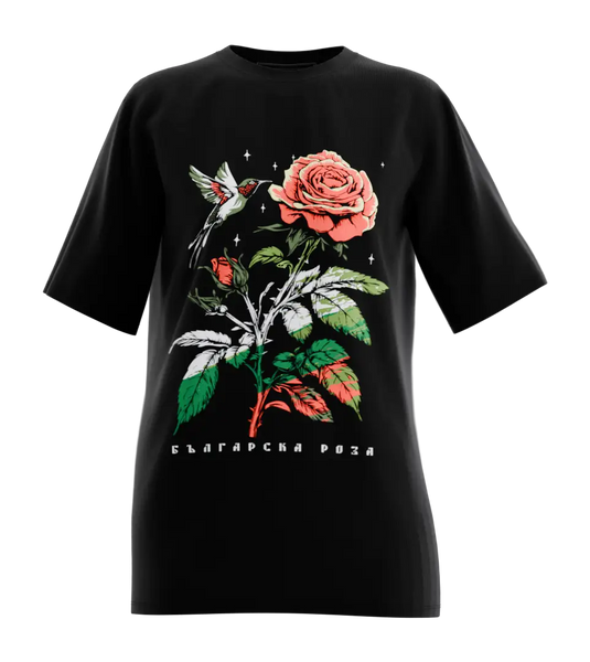 89stars | Дамска Oversized тениска ’Българска Роза’ – Красотата на България е навсякъде! - Черно / XS / Лице - Дамски oversized