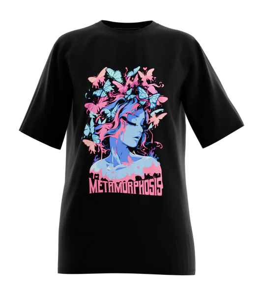 89stars | Дамска Oversized тениска ’Metamorphosis’ – Символ на трансформация и красота! - Черно / XS / Лице - Дамски oversized