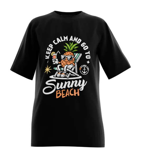 89stars | Дамска Oversized тениска ’Sunny Beach’ – Летен стил с ананасов чар! - Черно / XS / Лице - Дамски oversized