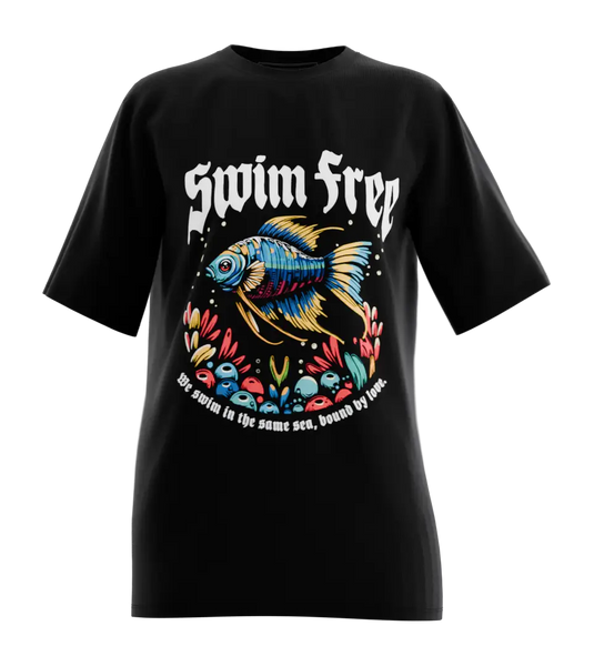 89stars | Дамска Oversized тениска ’Swim Free’ – Свобода и Цветове за Незабравимо Излъчване - Черно / XS / Лице - Дамски oversized