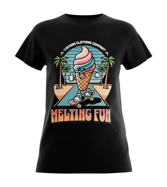 89stars | Дамска Regular тениска ’Melting Fun – Летният фън започва тук!’ - Черно / XS / Лице - Дамски regular