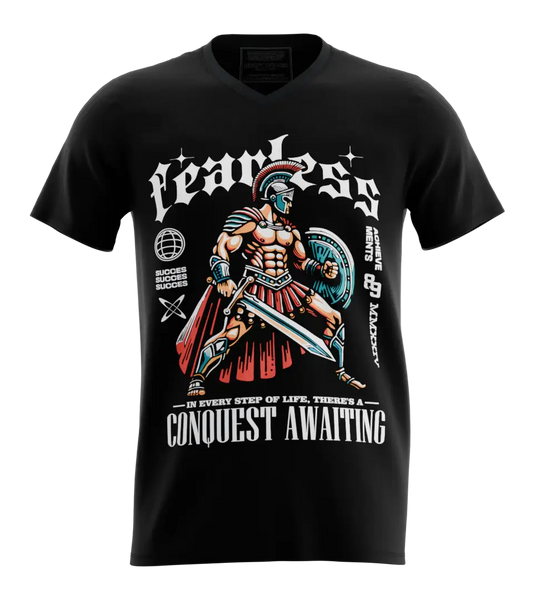 89stars | Мъжка V-neck тениска ’Fearless’ – Превърни смелостта в твоя броня! - Черно / S / Лице - Мъжки v-neck