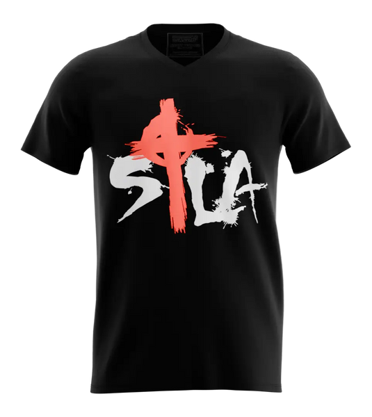 89stars | Мъжка V-neck тениска ’SILA’ – Вътрешната сила е ключът към успеха във всяка ситуация! - Черно / S / Лице - Мъжки v-neck