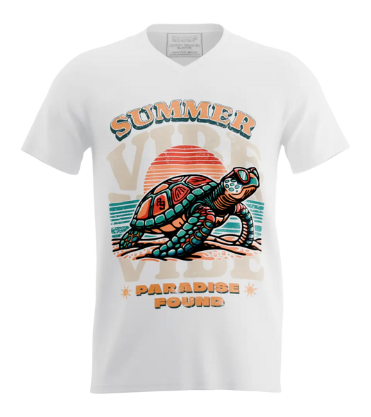 89stars | Мъжка V-neck тениска ’Summer Vibe’ – Намери своя рай! - Бяло / S / Лице - Мъжки v-neck