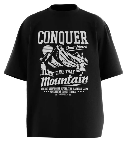 89stars | Мъжка Oversized тениска ’Conquer’ – Покори върховете! - Черно / S / Лице - Мъжки oversized