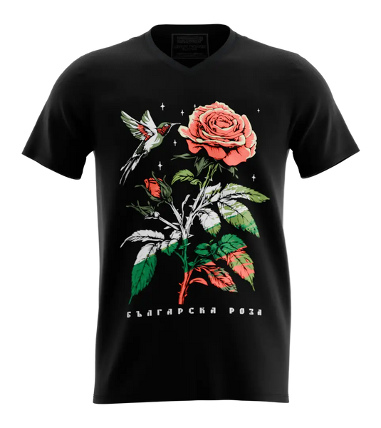 89stars | Мъжка V-neck тениска ’Българска роза’ – Емблема на нежност и сила! - Черно / S / Лице - Мъжки v-neck