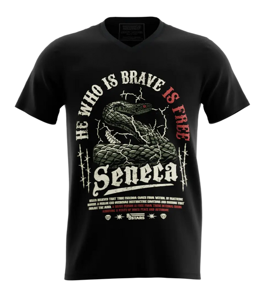 89stars | Мъжка V-neck тениска ’Seneca’ – Свободата е в смелостта! - Черно / S / Лице - Мъжки v-neck