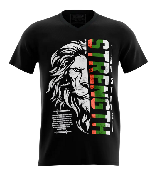 89stars | Мъжка V-neck тениска ’Strength’ – Лъвска сила във всяка нишка! - Черно / S / Лице - Мъжки v-neck