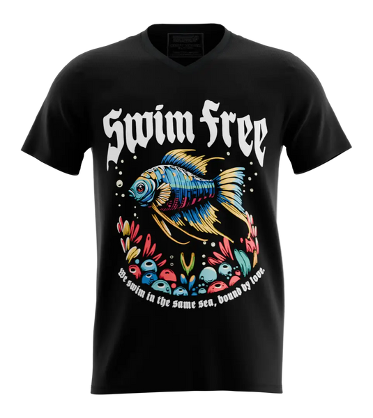 89stars | Мъжка V-neck тениска ’Swim Free’ – Освободи духа си в океана на свободата! - Черно / S / Лице - Мъжки v-neck