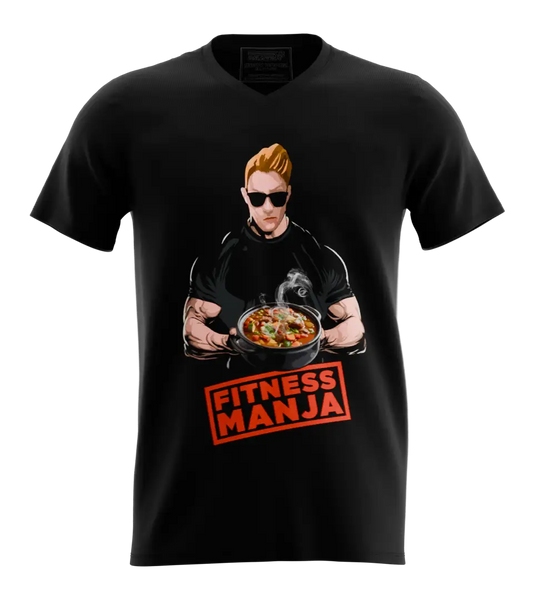 89stars | Мъжка V neck тениска „fitnesmanja – Храната е религия фитнеса – арената Черно / S / Лице Мъжки v neck