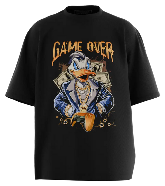 89stars | Мъжка Oversized тениска ’Game Over’ – Уличен стил с геймърска провокация! - Черно / S / Лице - Мъжки oversized