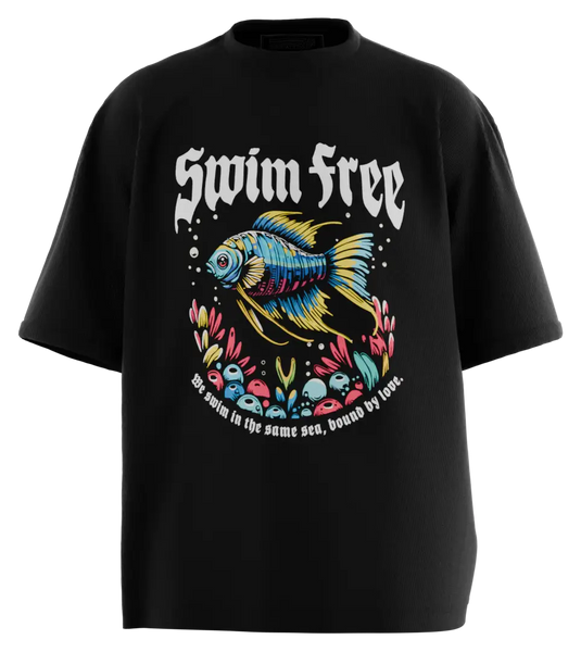 89stars | Мъжка Oversized тениска ’Swim Free’ – Плувай в свободата с цветове и стил! - Черно / S / Лице - Мъжки oversized