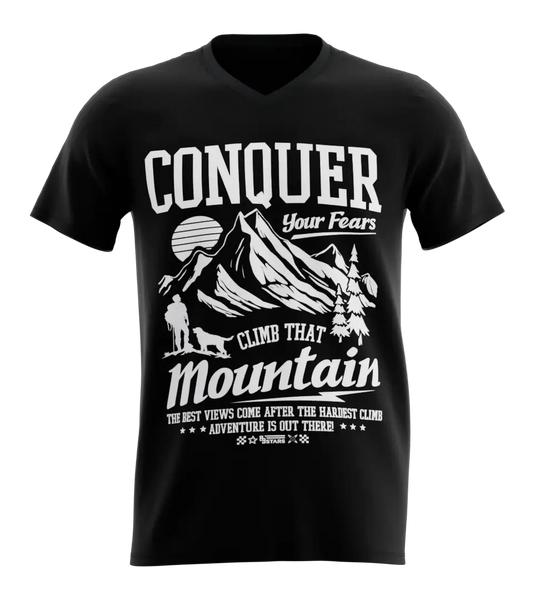 89stars | Мъжка V-neck тениска ’Conquer’ – Изкачи планината от очаквания! - Черно / S / Лице - Мъжки v-neck