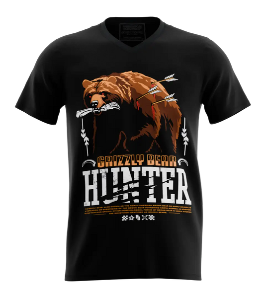 89stars | Мъжка V-neck тениска ’Grizzly Bear Hunter’ – Освободи дивия дух! - Черно / S / Лице - Мъжки v-neck