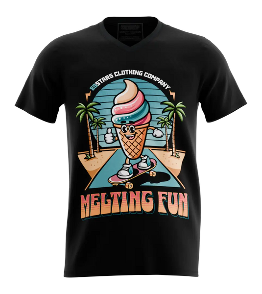 89stars | Мъжка V-neck тениска ’Melting Fun’ – Освежи стила си с доза лятно настроение! - Черно / S / Лице - Мъжки v-neck