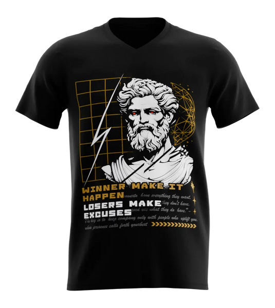 89stars | Мъжка V-neck тениска ’Winner Make It Happen’ – Изрази своята решителност и мотивация - Черно / S / Лице - Мъжки v-neck