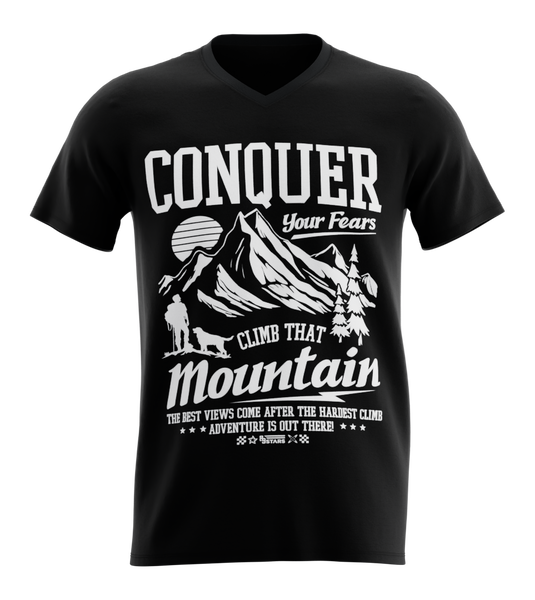 89stars | Мъжка V-neck тениска ’Conquer’ – Изкачи планината от очаквания! - Черно / S / Лице - Мъжки v-neck