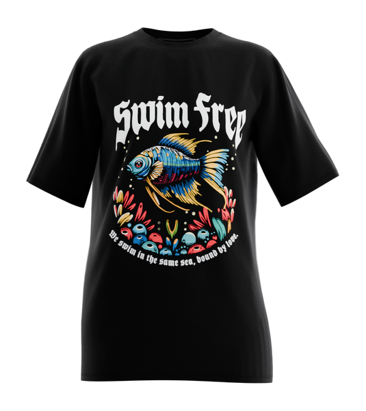89stars | Дамска Oversized тениска ’Swim Free’ – Свобода и Цветове за Незабравимо Излъчване - Черно / XS / Лице - Дамски oversized
