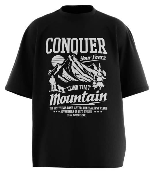 89stars | Мъжка Oversized тениска ’Conquer’ – Покори върховете! - Черно / S / Лице - Мъжки oversized