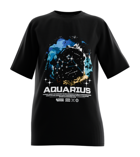 89stars | Дамска Oversized тениска ’Aquarius’ – За свободата под знака на Водолея! - Черно / XS / Лице - Дамски oversized
