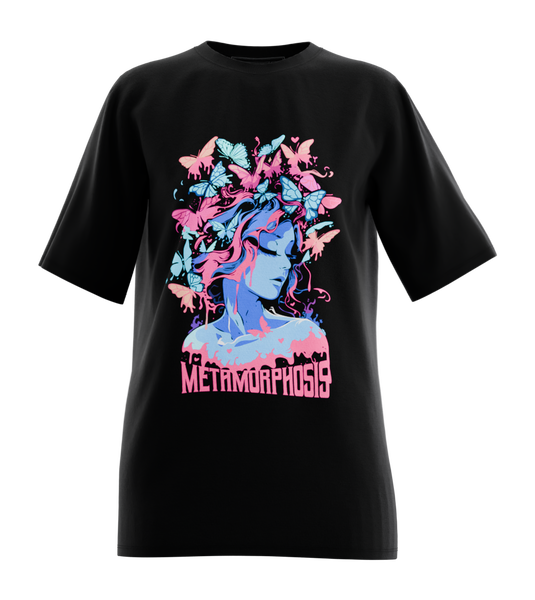 89stars | Дамска Oversized тениска ’Metamorphosis’ – Символ на трансформация и красота! - Черно / XS / Лице - Дамски oversized