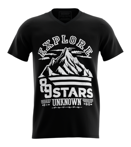 89stars | Мъжка V-neck тениска ’Explore Unknown’ – Готов ли си за нови приключения? - Черно / S / Лице - Мъжки v-neck