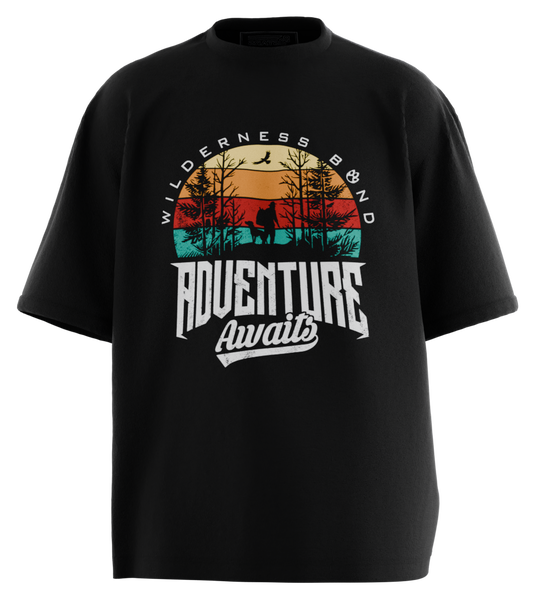 89stars | Мъжка Oversized тениска ’Adventure Awaits’ – Вдъхновена от неизследвани територии! - Черно / S / Лице - Мъжки oversized