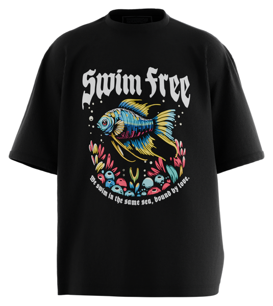 89stars | Мъжка Oversized тениска ’Swim Free’ – Плувай в свободата с цветове и стил! - Черно / S / Лице - Мъжки oversized