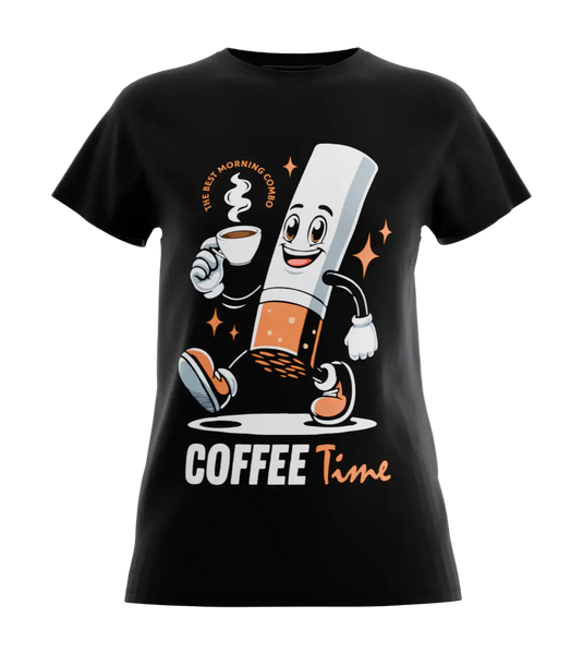 89stars | Дамска Regular тениска ’Coffee Time’ – Сутрешно настроение с щипка забавление! - Черно / XS / Лице - Дамски regular
