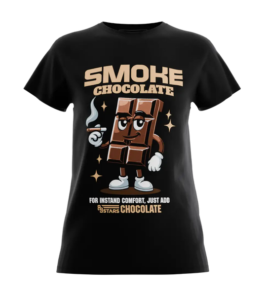 89stars | Дамска Regular тениска ’Smoke Chocolate’ – Животът е по-сладък с щипка хумор! - Черно / XS / Лице - Дамски regular