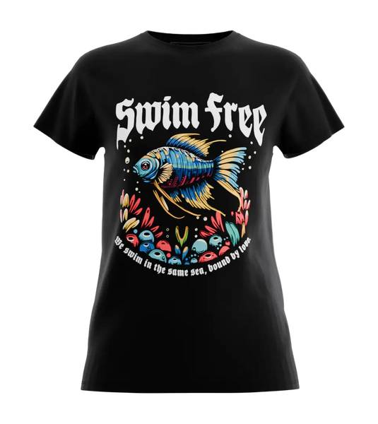 89stars | Дамска Regular тениска ’Swim Free’ – Цветен стил и свежест за всеки ден! - Черно / XS / Лице - Дамски regular