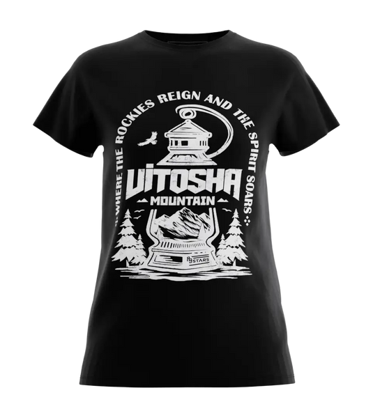 89stars | Дамска Regular Тениска ’Vitosha’ – Стил и свобода с духа на планината! - Черно / XS / Лице - Дамски regular