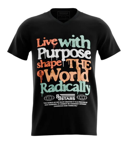 89stars | Мъжка V-neck тениска ’Live with Purpose’ – Променяй света с цел - Черно / S / Лице - Мъжки v-neck
