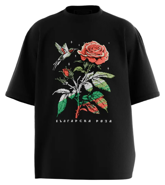 89stars | Мъжка Oversized тениска ’Българска Роза – Символ на красота сила и свобода’ - Черно / S / Лице - Мъжки oversized