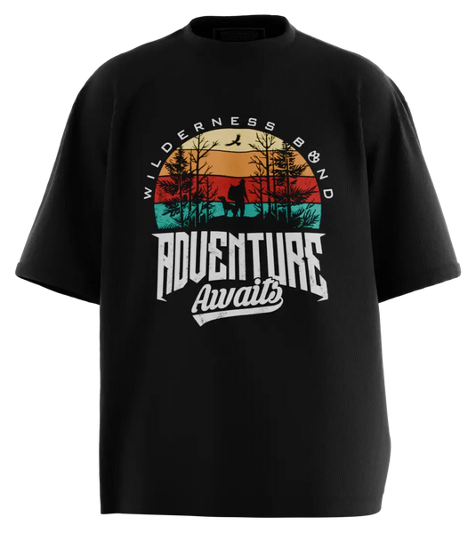 89stars | Мъжка Oversized тениска ’Adventure Awaits’ – Вдъхновена от неизследвани територии! - Черно / S / Лице - Мъжки oversized