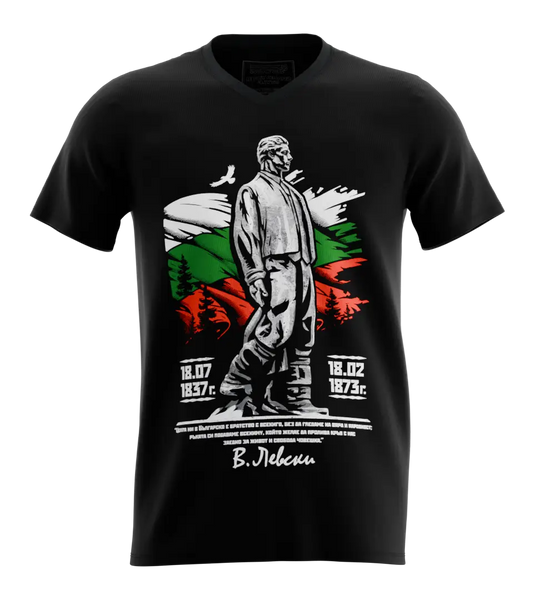 89stars | Мъжка V-neck тениска ’Левски’ – Почитай българската история! - Черно / S / Лице - Мъжки v-neck